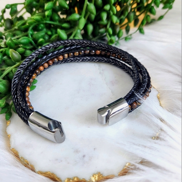 New Ryze Men's Black Vegan Leather  Tigers Eye Accent Stone Wrap Bracelet - Picture 6 of 8